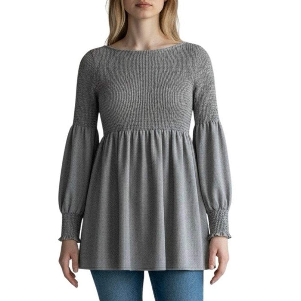 Zara Grey Smocked Plaid Babydoll Blouse Balloon Sleeve Tunic Top Houndstooth XS - Picture 2 of 12